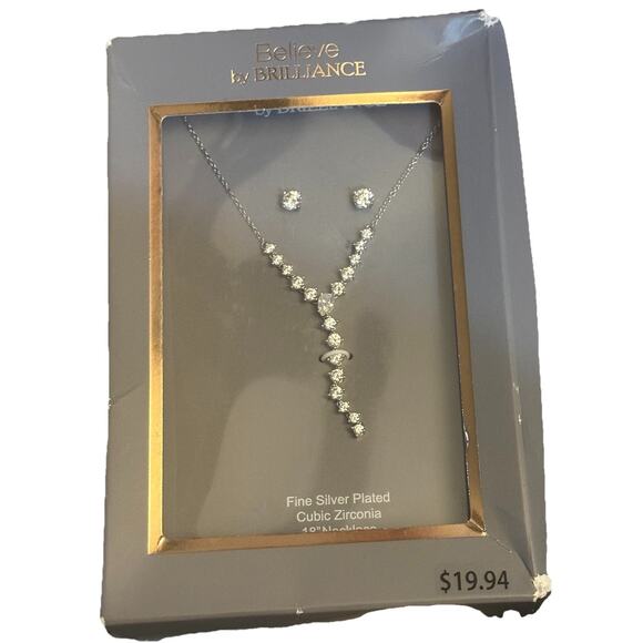 Believe by Brilliance CZ Necklace & Earring Set Silver Plated 18” NIB - Picture 1 of 3